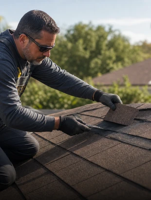 Roofer inspecting shingles